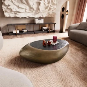 Couchtisch Sagana 120x80 cm Metallic Gold mit Reliefglas Taupe Neu