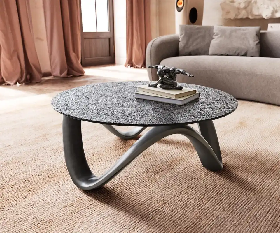 Angebot Couchtisch Tanju 90x90 cm Metallic Silber mit Reliefglas Grau