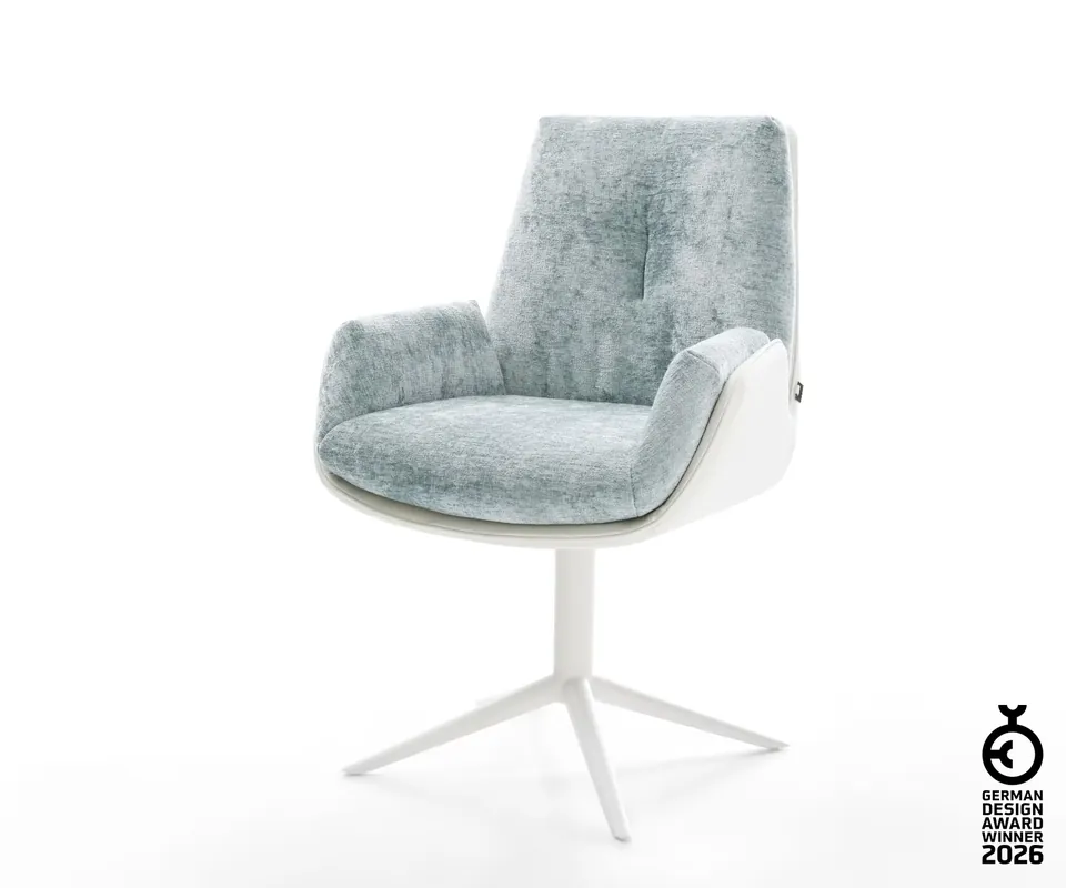 Schneller Versand Drehstuhl Clea-Flex Materialmix Echtleder Weiß-Pastellblau Fußkreuz Weiß 360° drehbar Wippfunktion