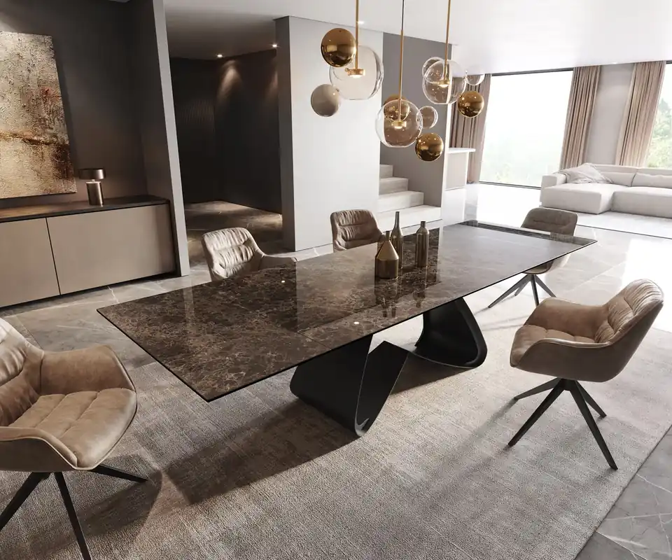 Esstisch Edge 200-300x100 Keramik Emperador Extra Lucidato Dunkelbraun W-Gestell Schwarz ausziehbar Must-Have