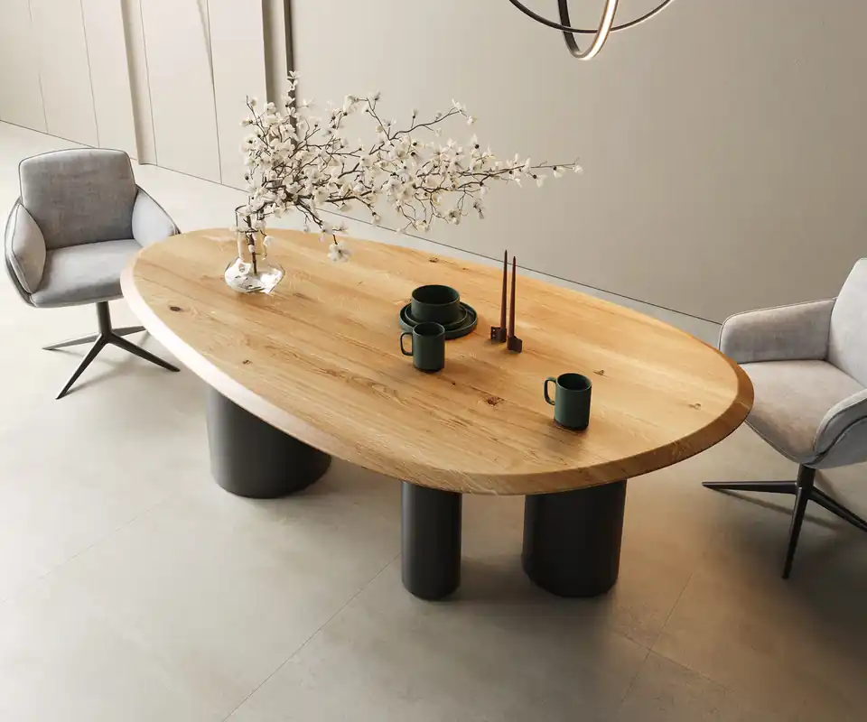 Zertifiziert Esstisch Edge Oval 220x120x2,5 Eiche Natur Troa Metall Schwarz Flow-