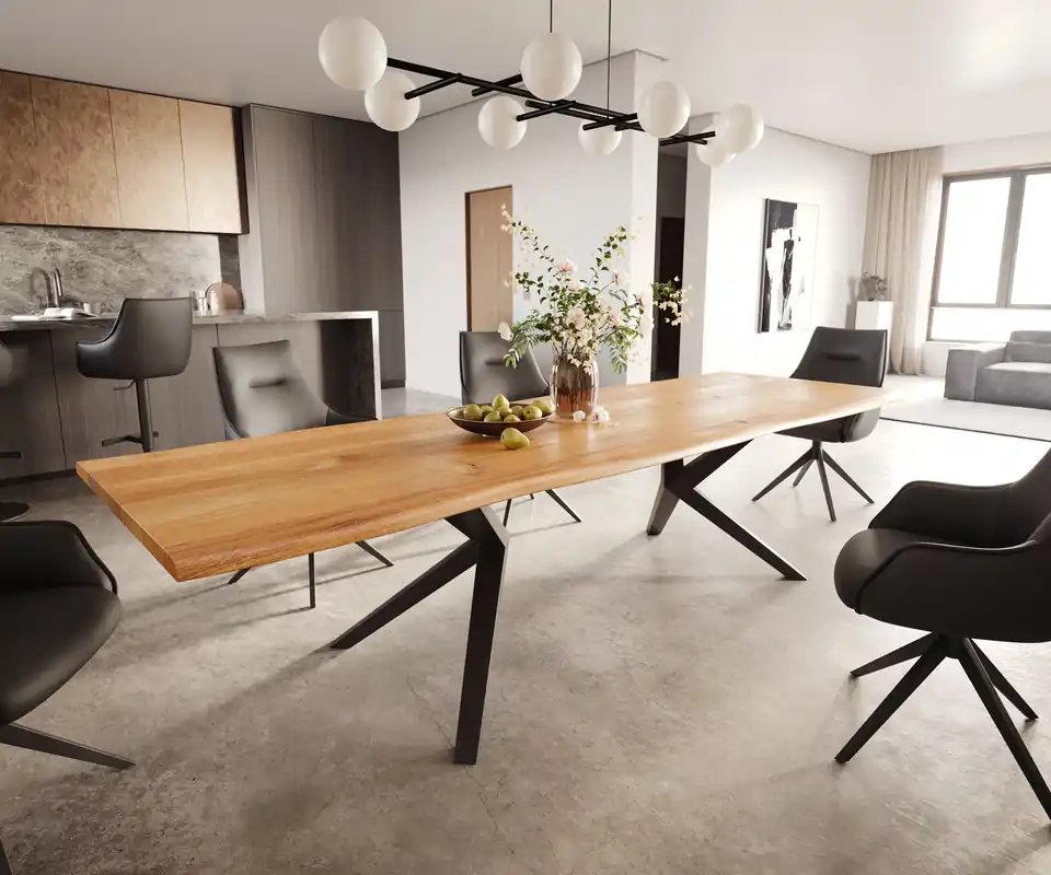 Esstisch Edge 300x100x4 Eiche Natur Zenthara kantig Metall Schwarz Live- Expressversand