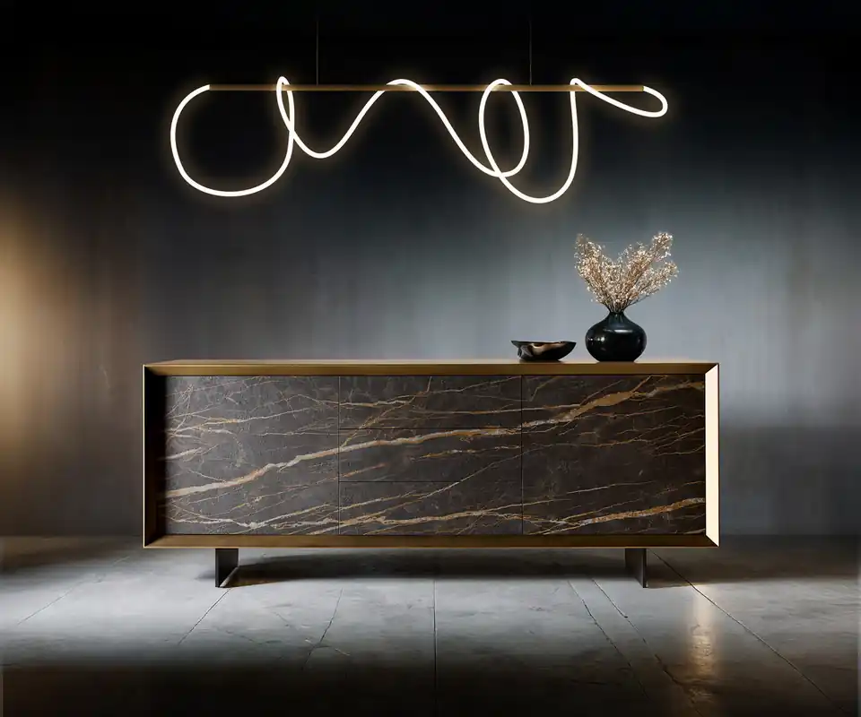 Direktkauf Sideboard Yori 200 cm Metallic Gold 2 Türen 3 Schubladen schwebend Metall Schwarz Keramik Laminam®Noir Desir Braun