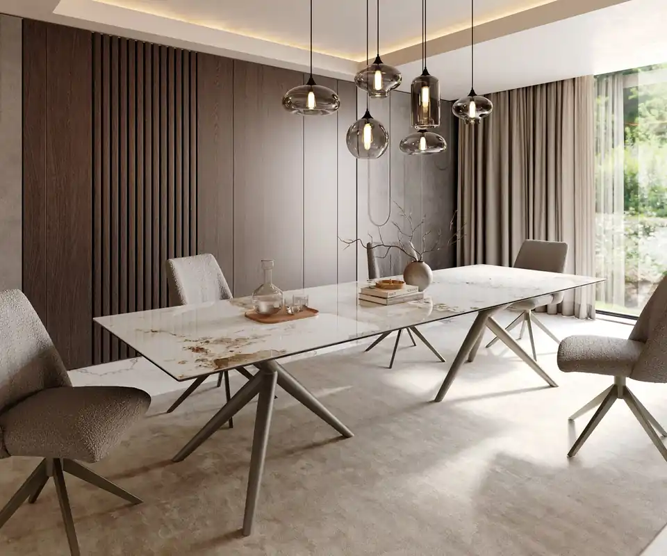 Garantierte Lieferung Esstisch Edge 300x100 Keramik Minas Melange Weiß-Beige Estelar rund Metall Effektfinish Titan