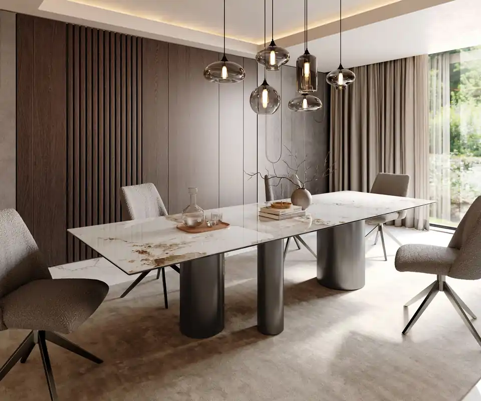 Preiswert Esstisch Edge 300x100 Keramik Minas Melange Weiß-Beige Troa Edelstahl Graphit