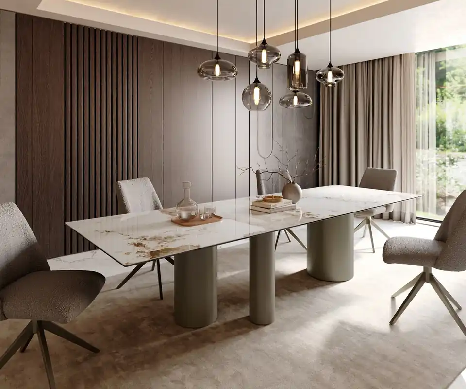 Knallerangebot Esstisch Edge 300x100 Keramik Minas Melange Weiß-Beige Troa Metall Effektfinish Titan