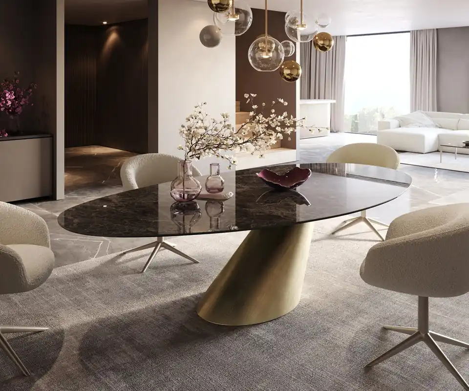 Rabatt Esstisch Edge Oval 280x130 Keramik Emperador Extra Lucidato Dunkelbraun Cono Metallic Gold