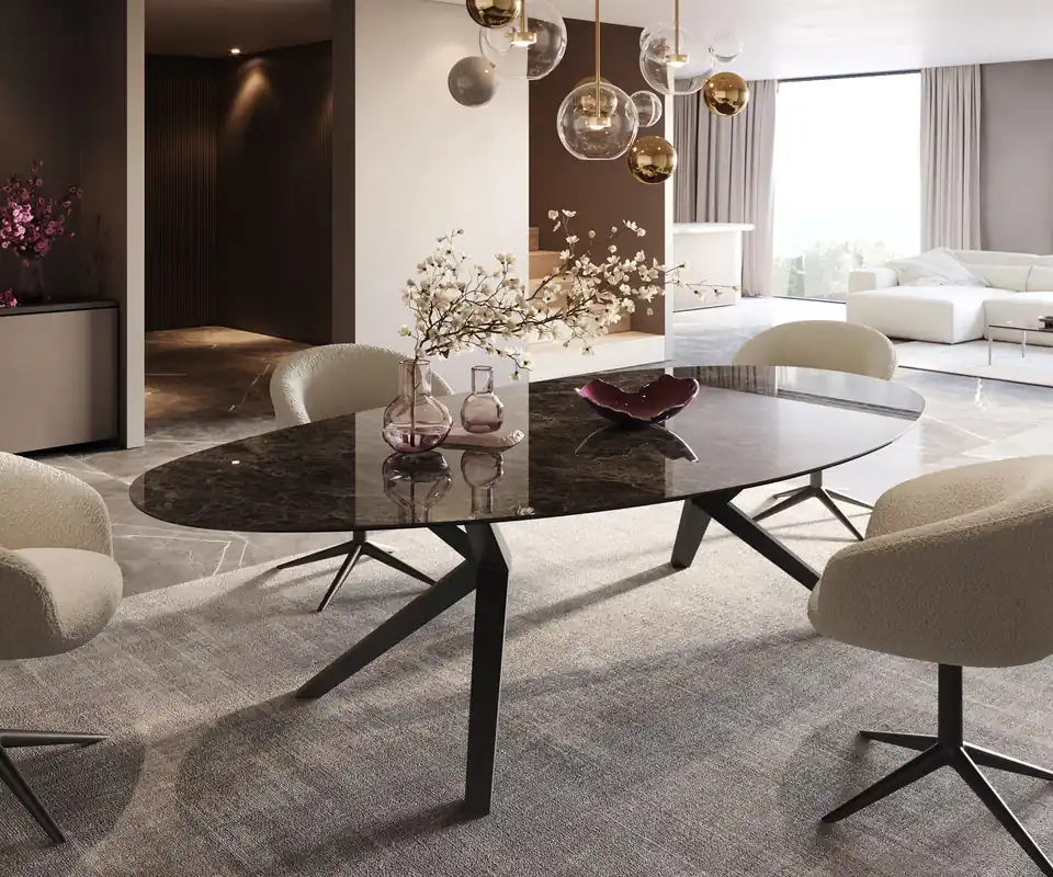 Sichere Zahlung Esstisch Edge Oval 280x130 Keramik Emperador Extra Lucidato Dunkelbraun Zenthara kantig Metall Schwarz