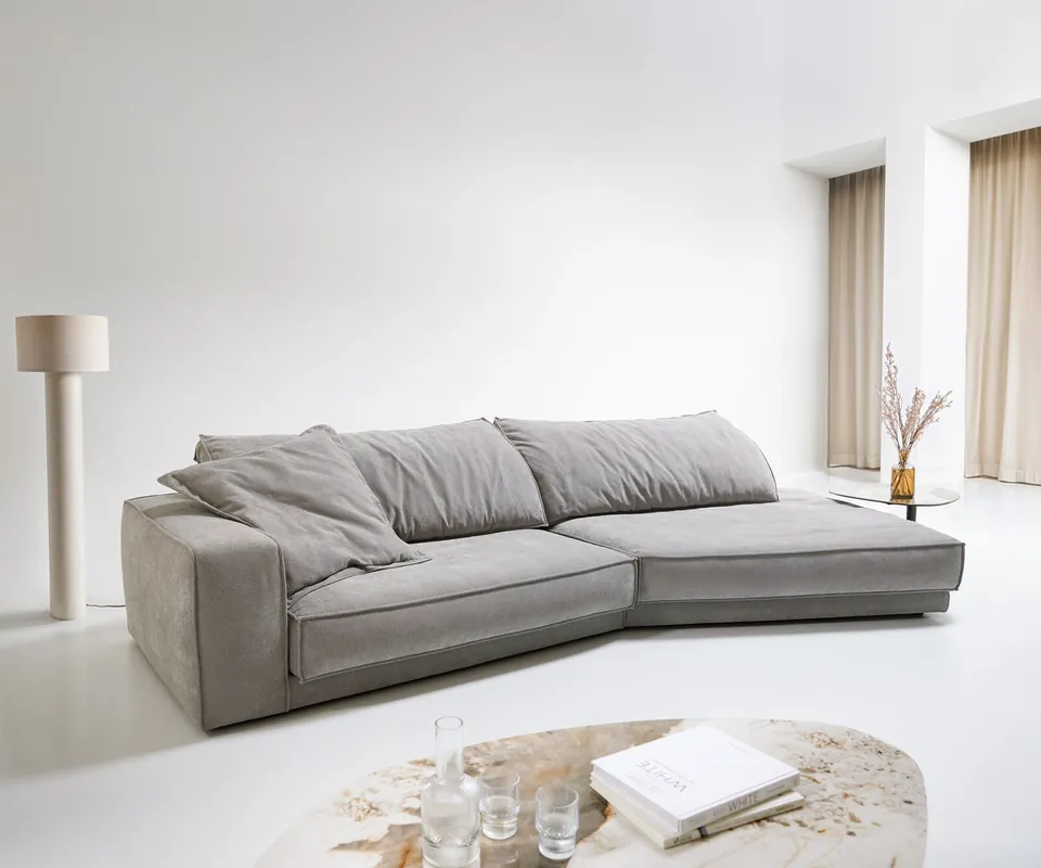Neu Big-Sofa Snoosh 400x150 cm Strukturstoff Soft Grau Recamiere rechts