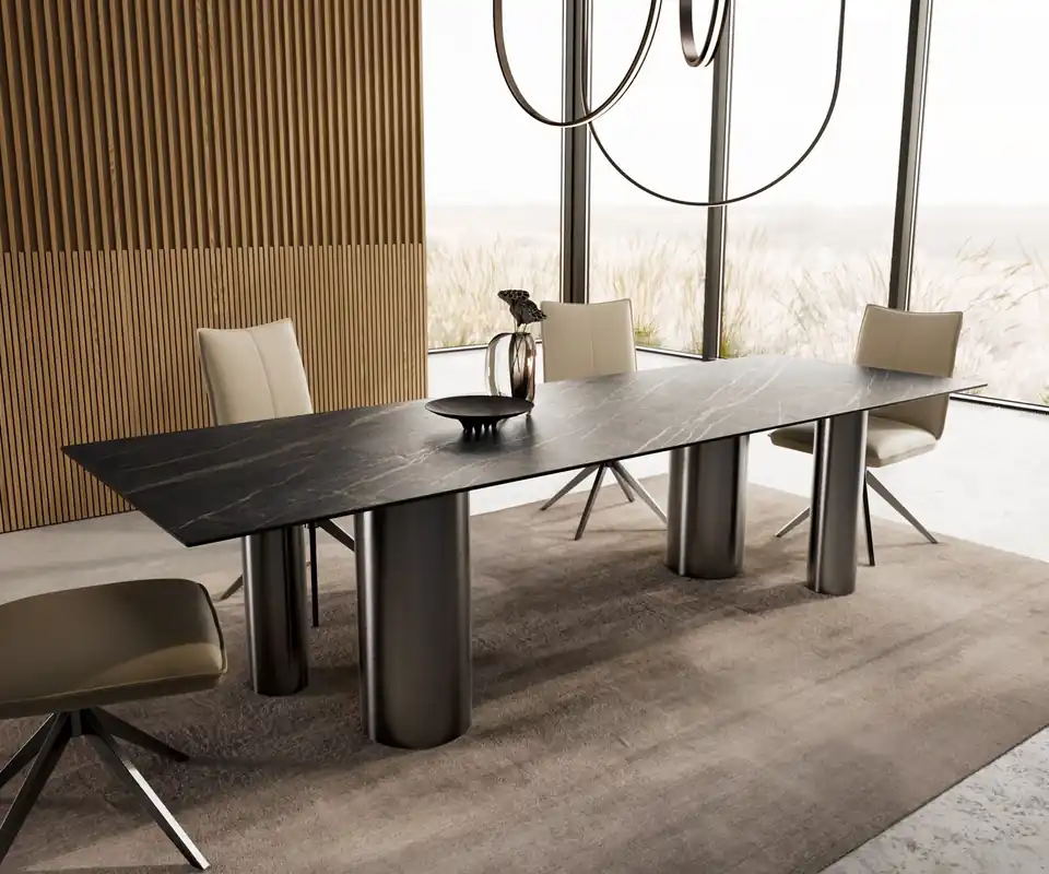 Esstisch Edge 300x100 Keramik Laminam®Noir Desir Braun Pilier Edelstahl Graphit Preisreduziert