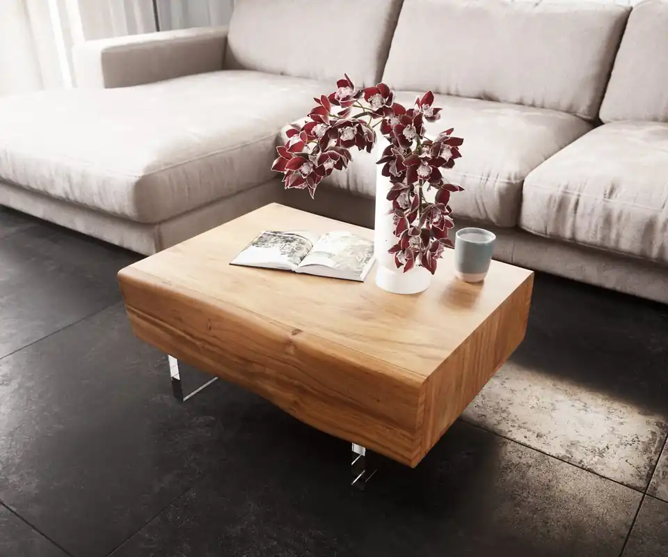 Preiswert Couchtisch New Live-Edge Live-Edge 80x60 cm Akazie Natur 2 Schubladen Acrylfuß