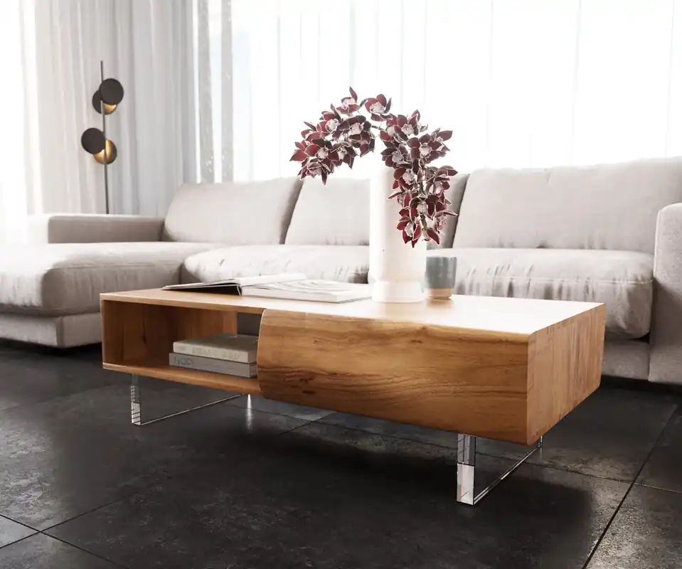 Jetzt Kaufen Couchtisch New Live-Edge Live-Edge 115x60 cm Akazie Natur 2 Schubladen 1 Fach Acrylfuß