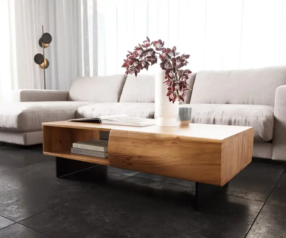 Neue Ware Couchtisch New Live-Edge Live-Edge 115x60 cm Akazie Natur 2 Schubladen 1 Fach Fuß schwebend Metall Schwarz
