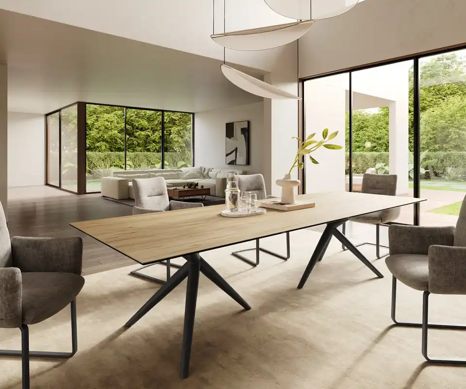 Esstisch Edge 300x100 Keramik Laminam® Sabbia Eichefarbig Estelar rund Metall Schwarz Finale Aktion