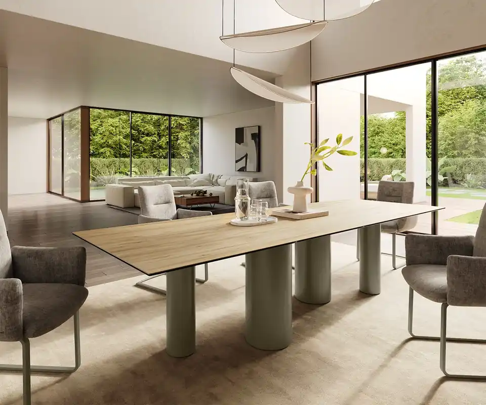 Esstisch Edge 300x100 Keramik Laminam® Sabbia Eichefarbig Pilier Metall Effektfinish Titan Expressversand
