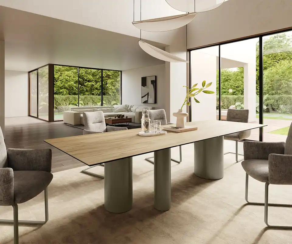 Billig Esstisch Edge 300x100 Keramik Laminam® Sabbia Eichefarbig Troa Metall Effektfinish Titan