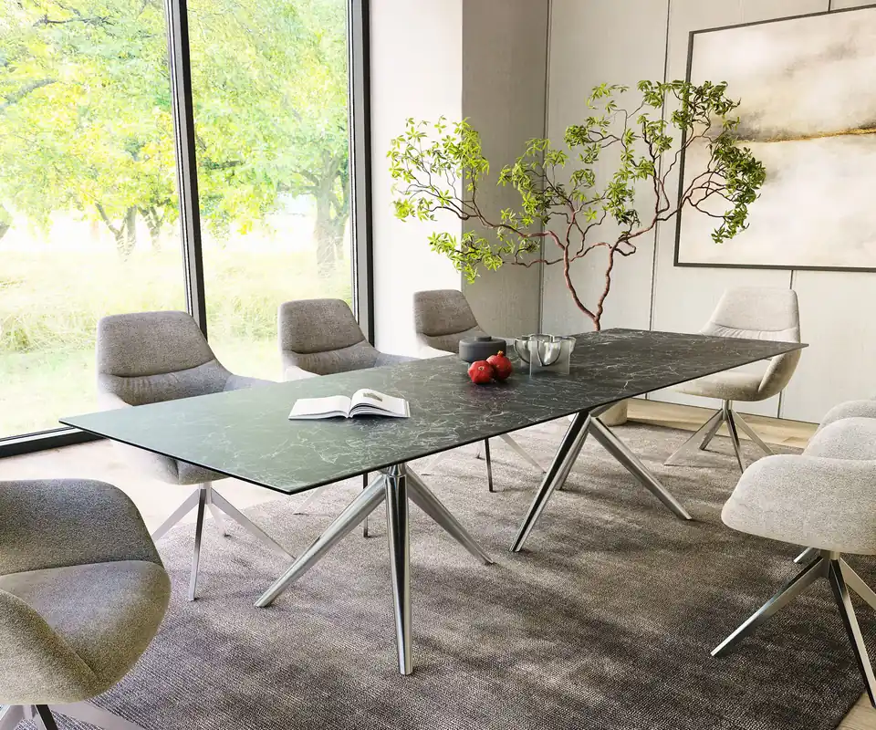 Esstisch Edge 300x100 Keramik Laminam®Nero Greco Anthrazit Estelar rund Edelstahl Sonderaktion