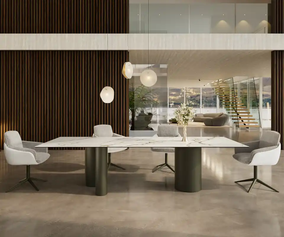 Esstisch Edge 300x100 Keramik Calacatta Luxe Weiß-Gold-Grau Troa Metall Effektfinish Titan Rabatt