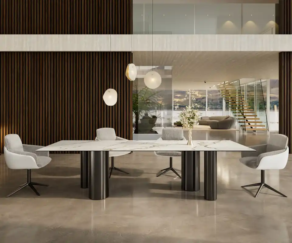 Nur Heute Esstisch Edge 300x100 Keramik Calacatta Luxe Weiß-Gold-Grau Pilier Edelstahl Graphit