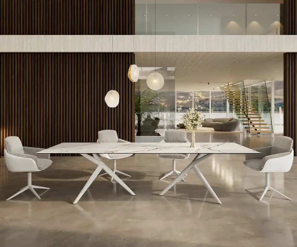 Esstisch Edge 300x100 Keramik Calacatta Luxe Weiß-Gold-Grau Estelar rund Metall Weiß Echt