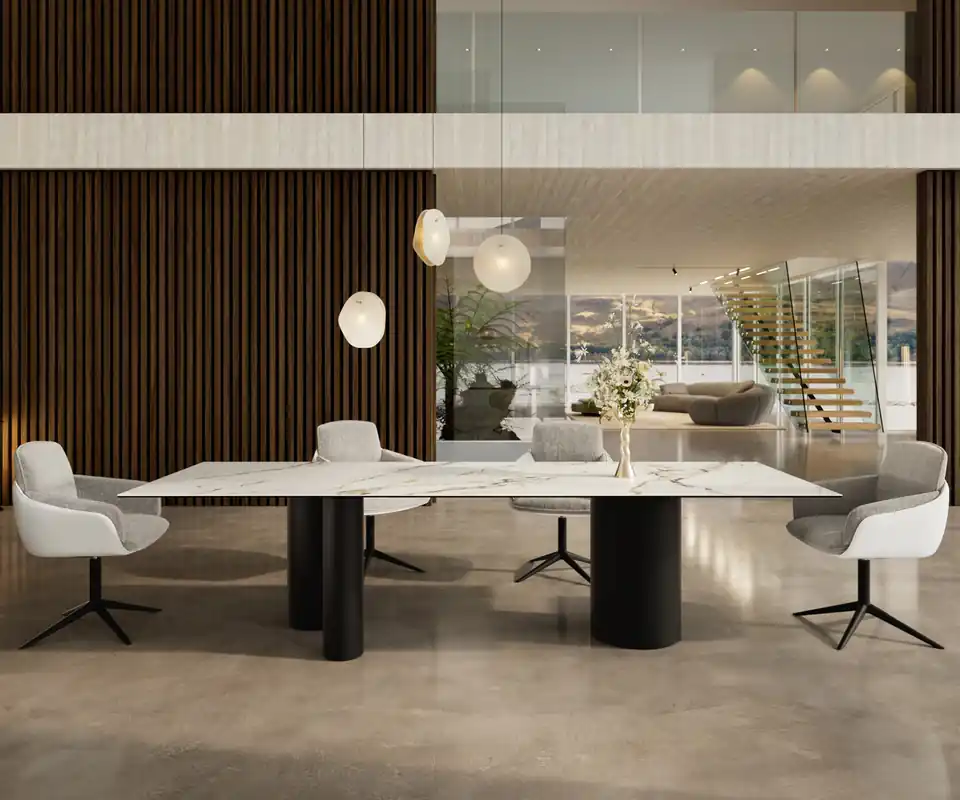 Günstig Esstisch Edge 300x100 Keramik Calacatta Luxe Weiß-Gold-Grau Troa Metall Schwarz