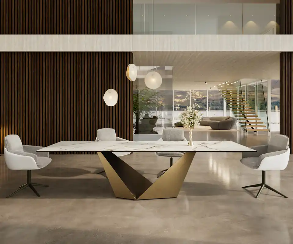 Esstisch Edge 300x100 Keramik Calacatta Luxe Weiß-Gold-Grau Prisma Metallic Gold Aktuell