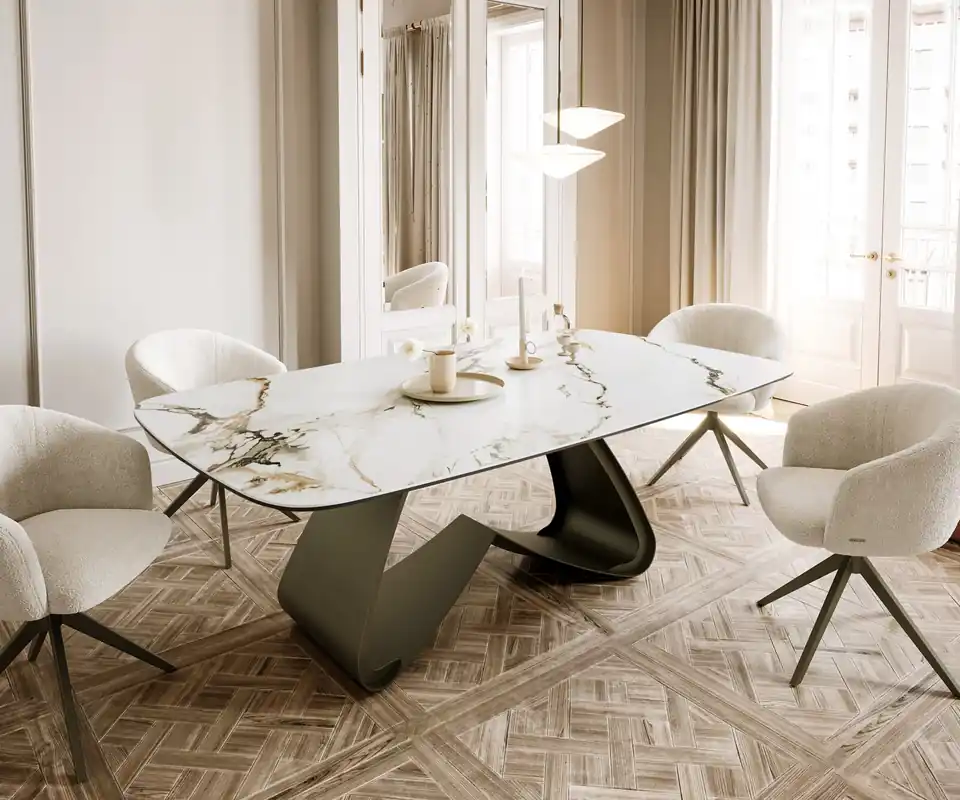 Solange Der Vorrat Reicht Esstisch Edge Boot 200x100 Keramik Calacatta Luxe Weiß-Gold-Grau W-Gestell Metall Effektfinish Titan