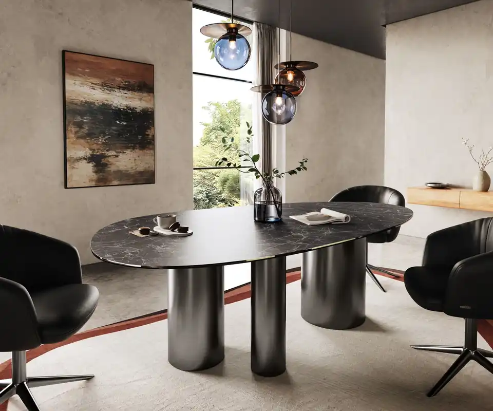 Esstisch Edge Oval 220x120 Keramik Laminam® Nero Greco Anthrazit Troa Edelstahl Graphit Letzte Chance