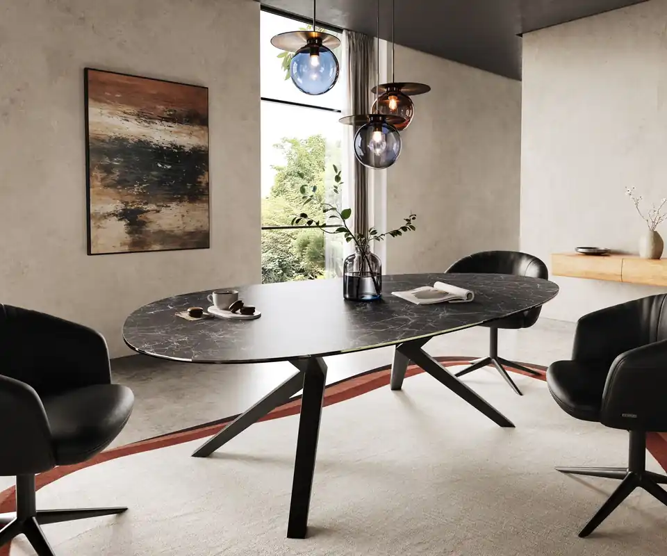 Markenprodukt Esstisch Edge Oval 220x120 Keramik Laminam® Nero Greco Anthrazit Zenthara kantig Metall Schwarz