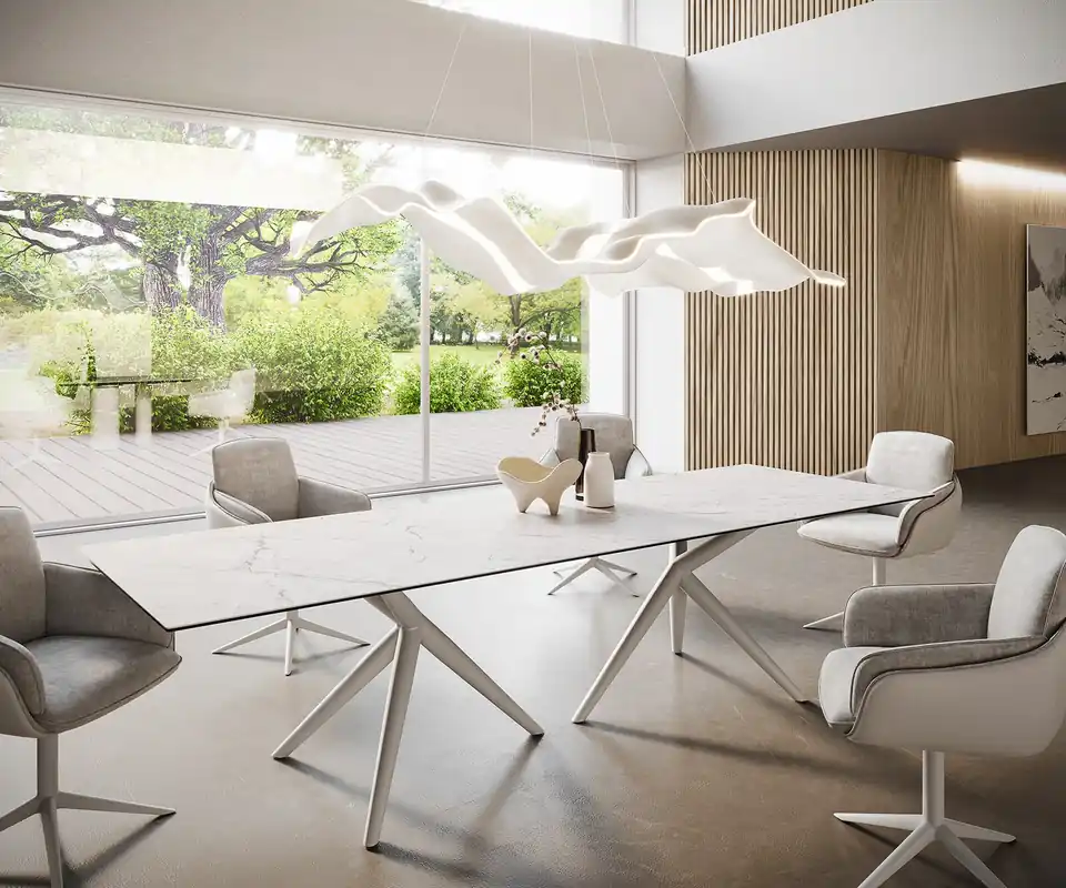 Nur Heute Esstisch Edge 300x100 Keramik Laminam®Statuarietto Weiß Estelar rund Metall Weiß