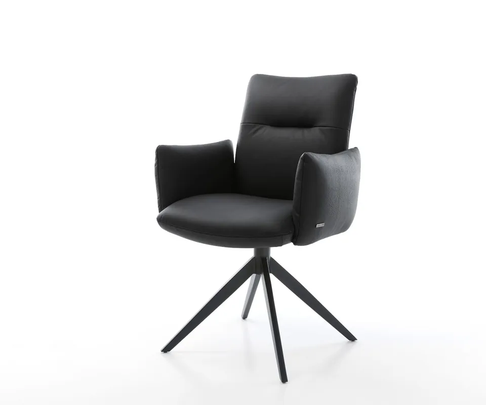 Drehstuhl Jova-Flex mit Armlehnen Echt-Leder Schwarz Kreuzgestell breit Schwarz 360° drehbar Wippfunktion Taschenfederkern Markenprodukt