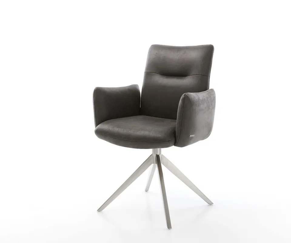 Drehstuhl Jova-Flex mit Armlehnen Mikrofaser Anthrazit Vintage Kreuzgestell breit Edelstahl 360° drehbar Wippfunktion Taschenfederkern Preis Gesenkt