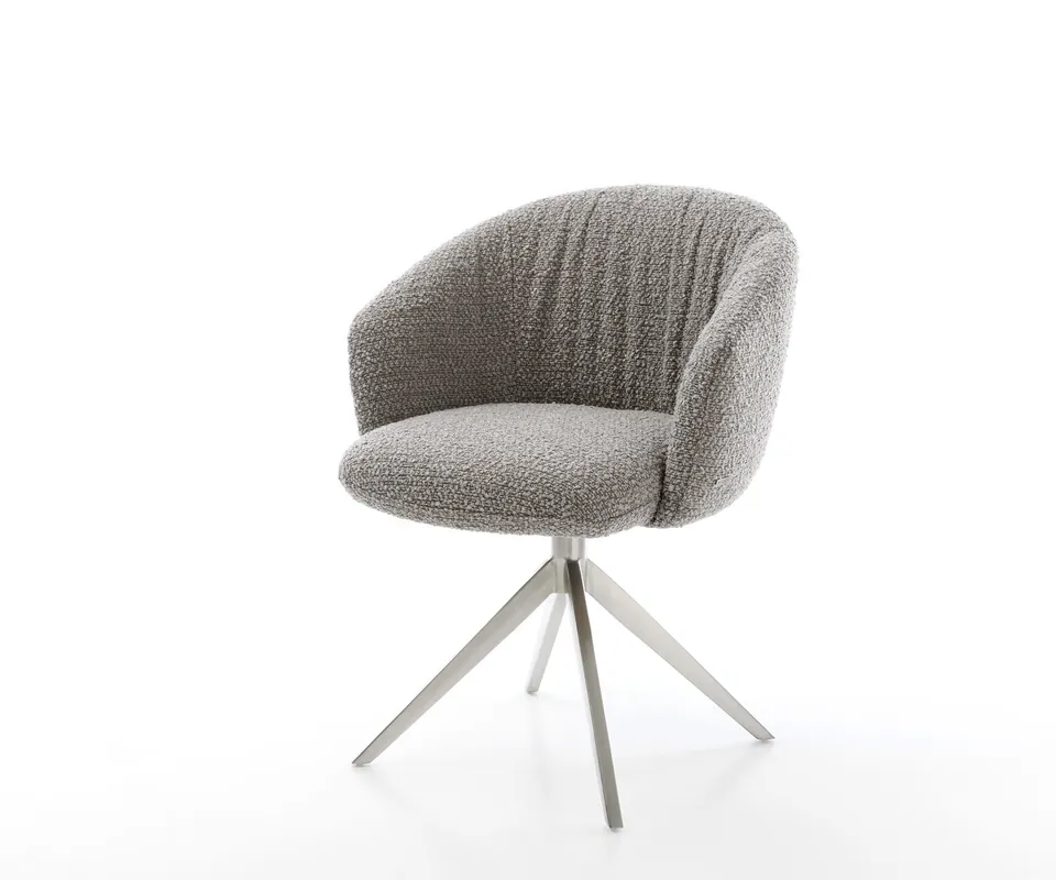 Drehstuhl Caja-Flex mit Armlehnen Bouclé Silbergrau Kreuzgestell breit Edelstahl 360° drehbar Wippfunktion Taschenfederkern Beliebt
