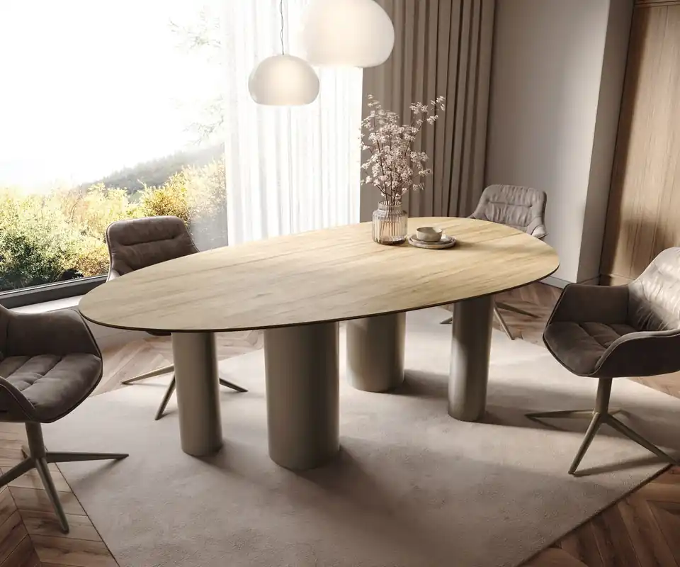 Beliebt Esstisch Edge Oval 220x120 Keramik Laminam® Sabbia Eichefarbig Pilier Metall Effektfinish Titan