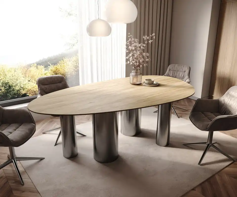 Günstig Esstisch Edge Oval 220x120 Keramik Laminam® Sabbia Eichefarbig Pilier Edelstahl Graphit