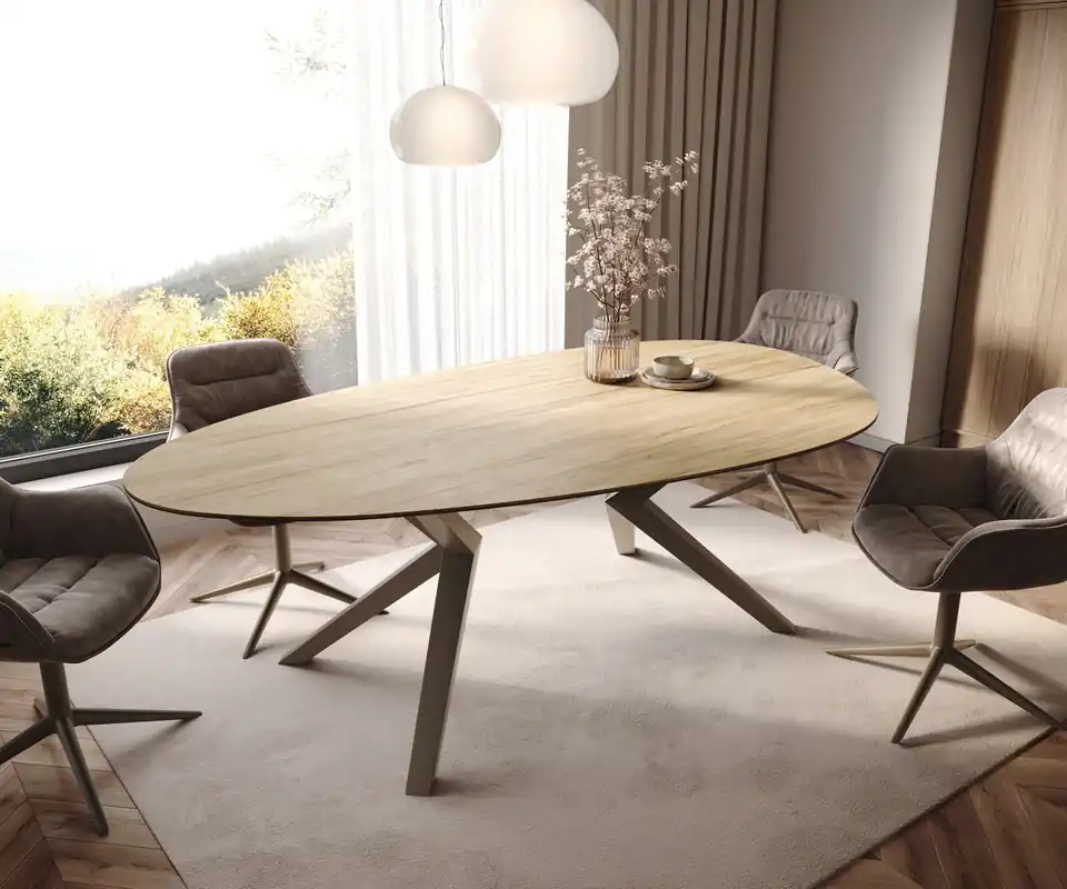 Esstisch Edge Oval 220x120 Keramik Laminam® Sabbia Eichefarbig Zenthara kantig Metall Effektfinish Titan Wochenendangebot