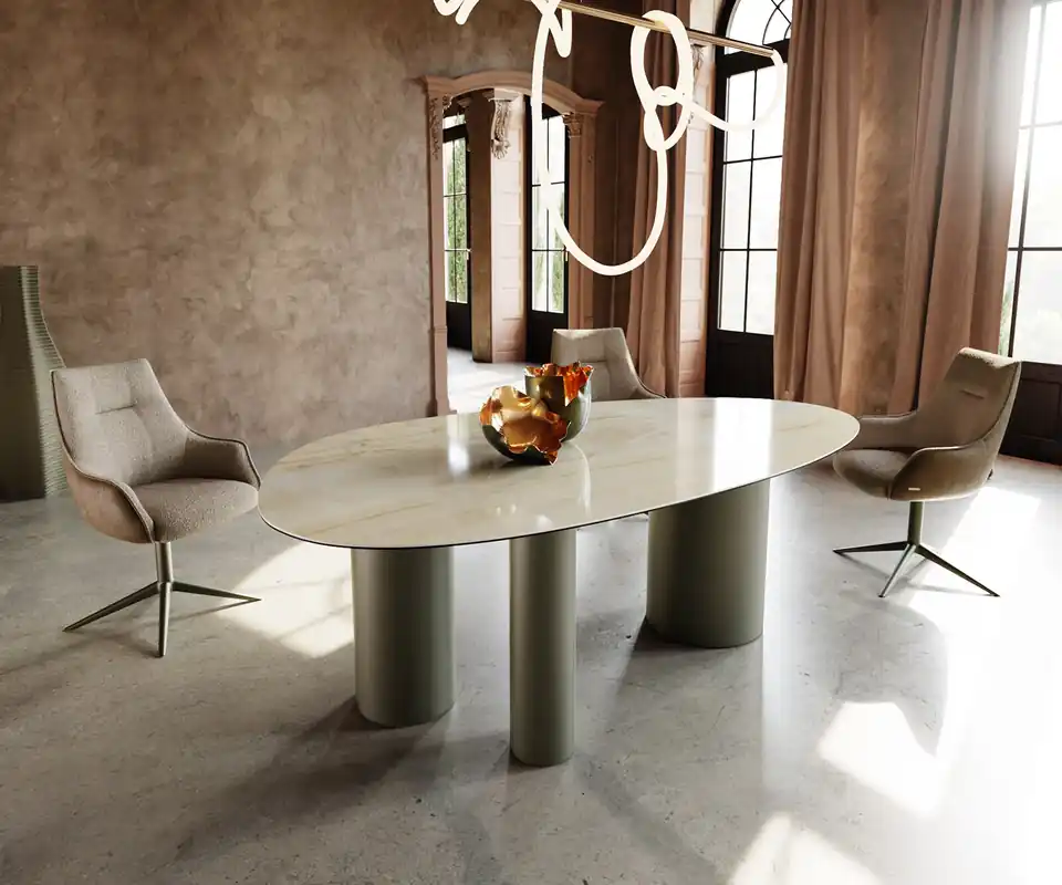 Esstisch Edge Oval 220x120 Keramik Iris FMG Onice Oro Troa Metall Effektfinish Titan Highlight