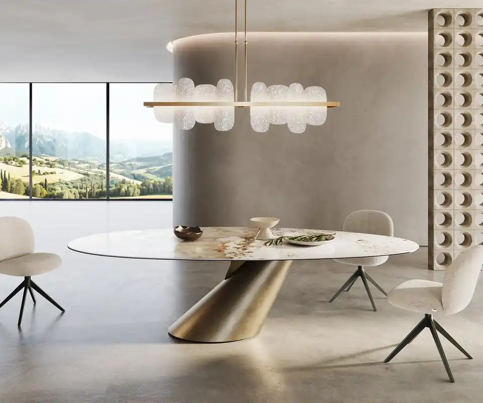 Wochenendangebot Esstisch Edge Oval 280x130 Keramik Minas Melange Weiß-Beige Cono Metallic Gold