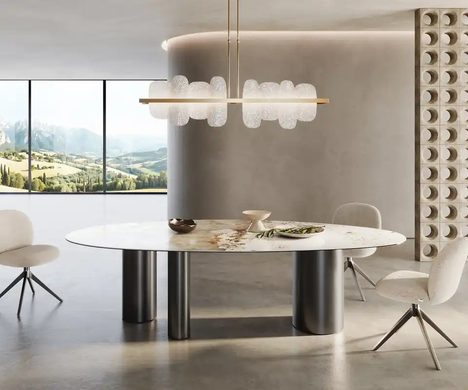 Schneller Versand Esstisch Edge Oval 280x130 Keramik Minas Melange Weiß-Beige Troa Edelstahl Graphit