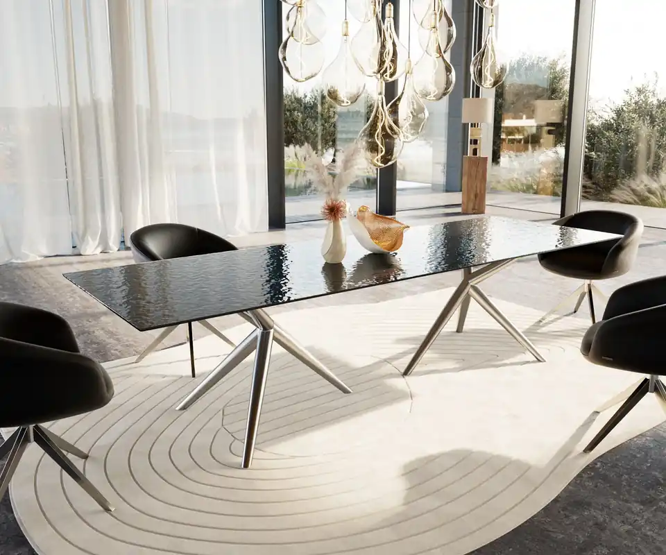 Esstisch Edge 300x100 Reliefglas Rauchschwarz 3D-Design Estelar rund Edelstahl Kracherpreis