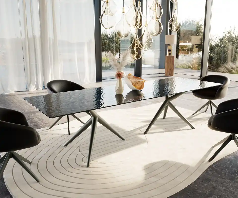 Esstisch Edge 300x100 Reliefglas Rauchschwarz 3D-Design Estelar rund Metall Effektfinish Titan Beliebt