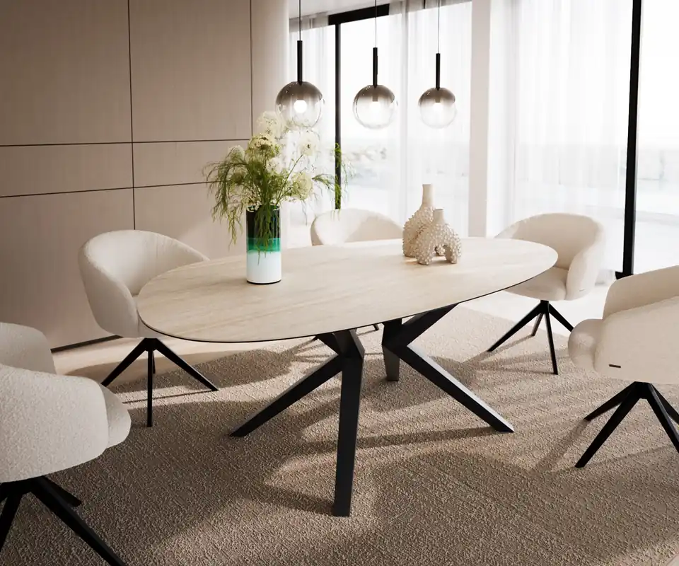 Esstisch Edge Oval 220x120 Keramik Laminam®Travertino Bianco Creme-Weiß Zenthara kantig Metall Schwarz Preisreduziert