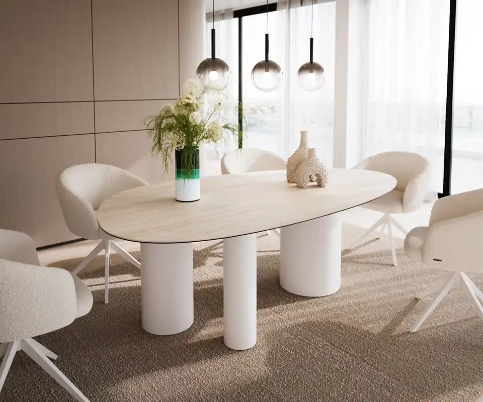 Preiswert Esstisch Edge Oval 220x120 Keramik Laminam® Travertino Bianco Creme-Weiß Troa Metall Weiß