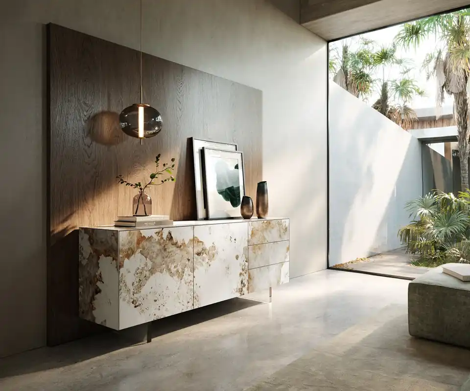 Sideboard Cuor 180 cm Keramik Minas Melange Weiß-Beige 2 Türen 3 Schubfächer Fuß Schwebeoptik Acrylglas Highlight