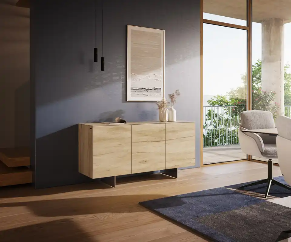 Abverkauf Sideboard Cuor 150 cm Keramik Laminam® Sabbia Eichefarbig 3 Türen Fuß Schwebeoptik Edelstahl