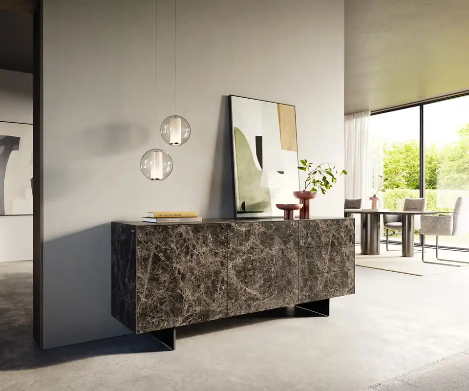Saisonangebot Sideboard Cuor 180 cm Keramik Emperador Extra Lucidato Dunkelbraun 2 Türen 3 Schubfächer Fuß Schwebeoptik Metall Schwarz