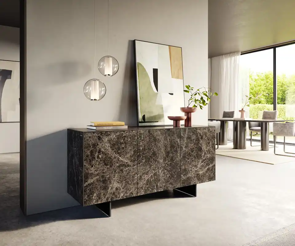 Sideboard Cuor 150 cm Keramik Emperador Extra Lucidato Dunkelbraun 3 Türen Fuß Schwebeoptik Metall Schwarz Billig