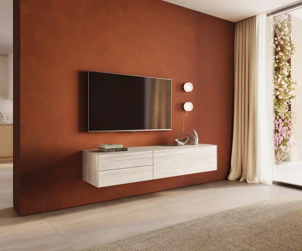 Beliebt Lowboard Cuor 180 cm Keramik Laminam® Travertino Bianco Creme-Weiß 1 Klappe 2 Schubfächer Schwebend