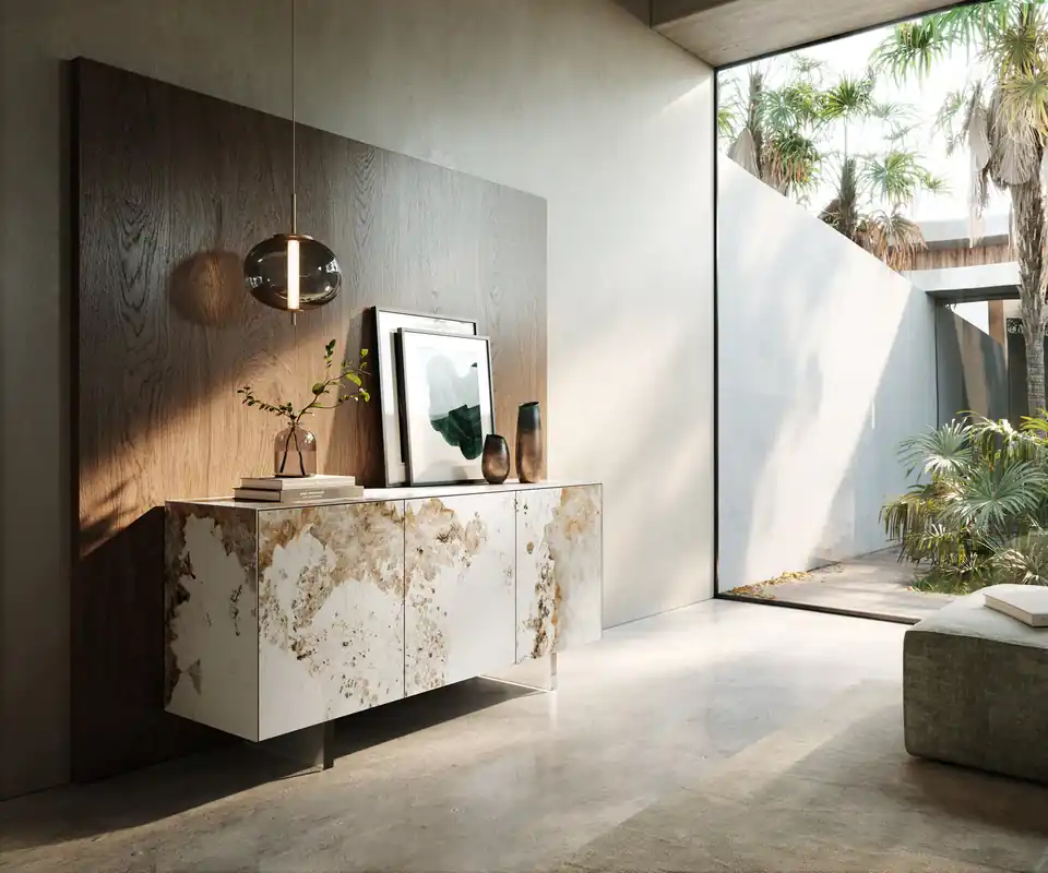 Sideboard Cuor 150 cm Keramik Minas Melange Weiß-Beige 3 Türen Fuß Schwebeoptik Acrylglas Wochenendangebot