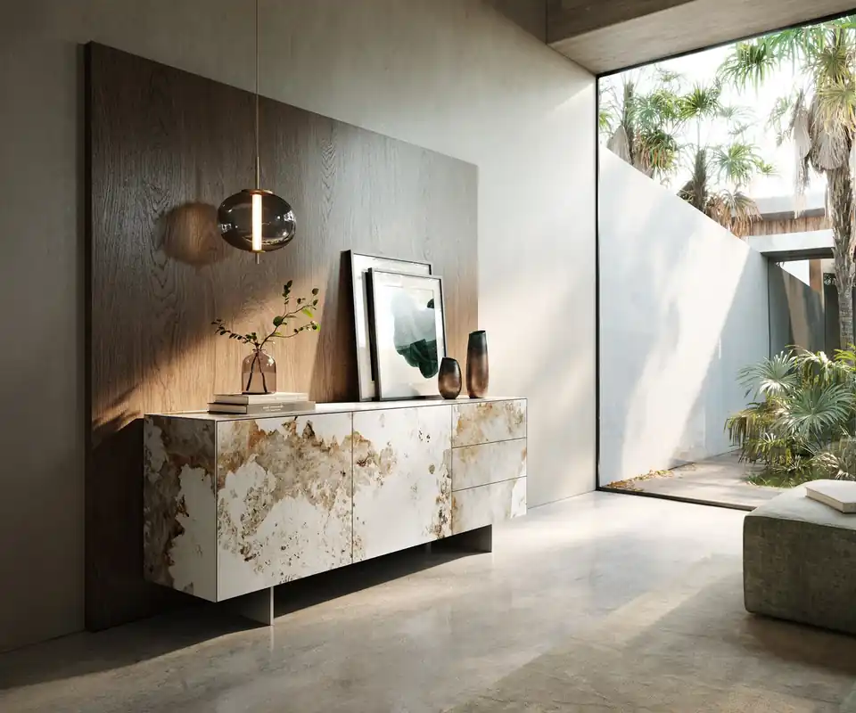 Sichere Zahlung Sideboard Cuor 180 cm Keramik Minas Melange Weiß-Beige 2 Türen 3 Schubfächer Fuß Schwebeoptik Edelstahl